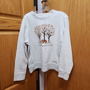 Life is Good Womens Sweatshirt White Crewneck Fox Trees Graphic Print Size L